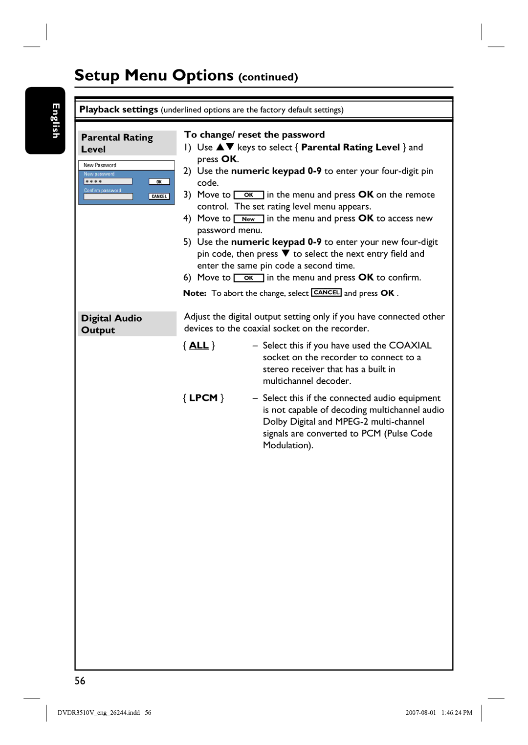 Philips DVDR3510V, DVDR3512V quick start To change/ reset the password, Digital Audio Output 