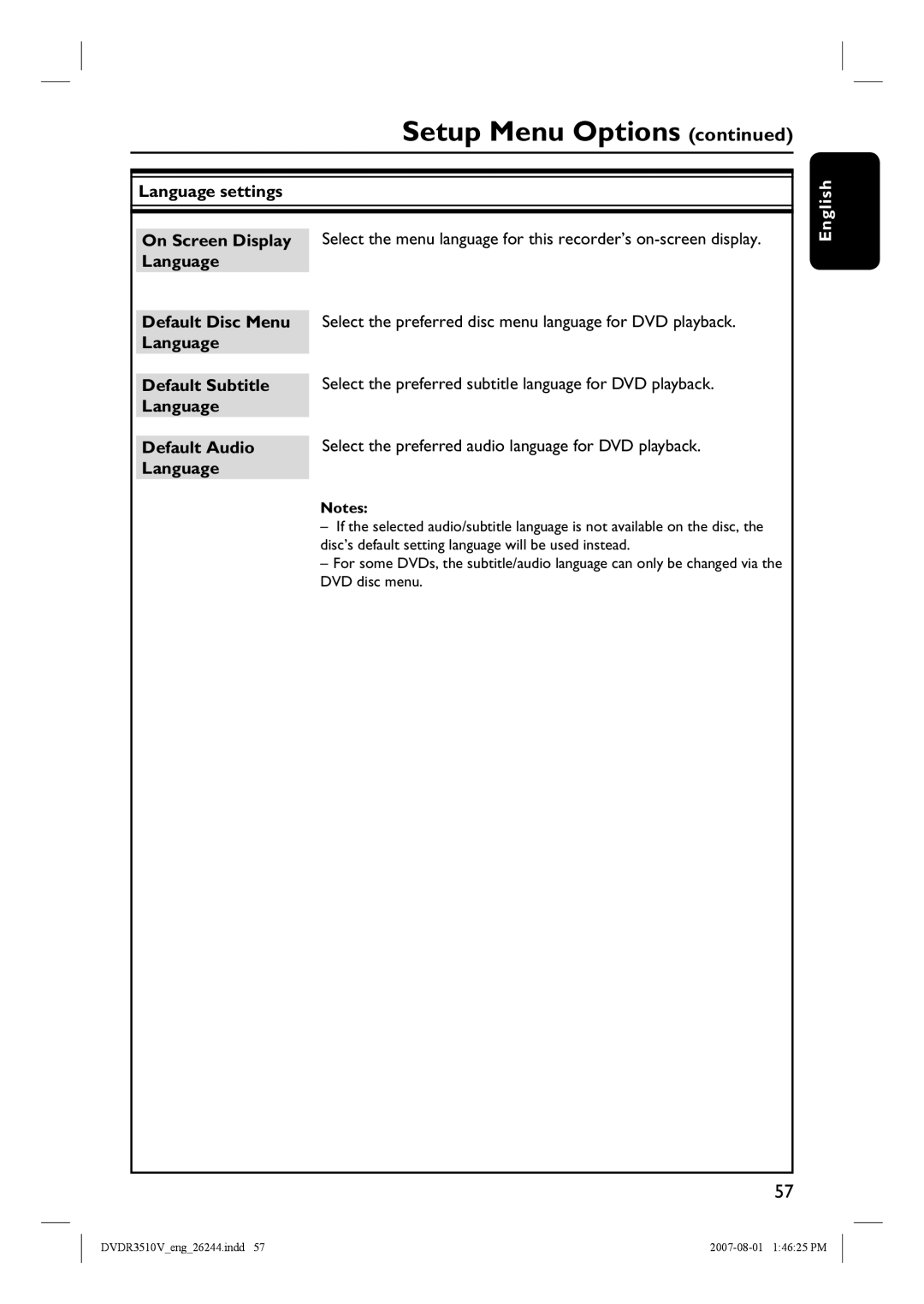 Philips DVDR3512V, DVDR3510V quick start Language settings 