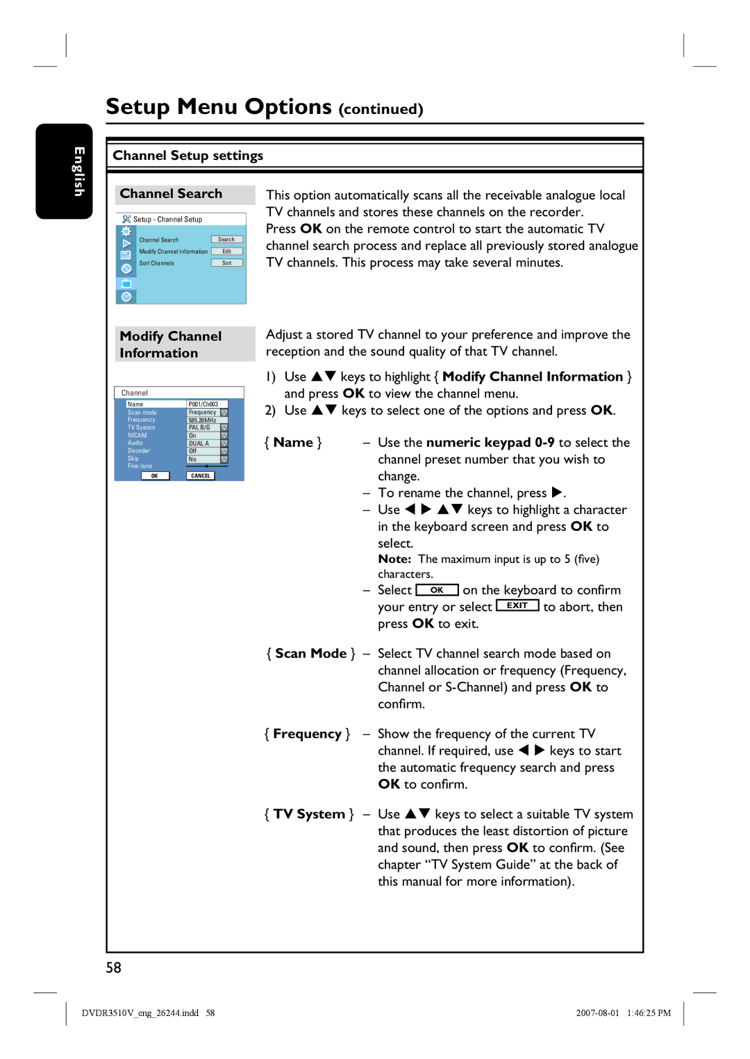 Philips DVDR3510V, DVDR3512V Channel Setup settings Channel Search, TV channels and stores these channels on the recorder 