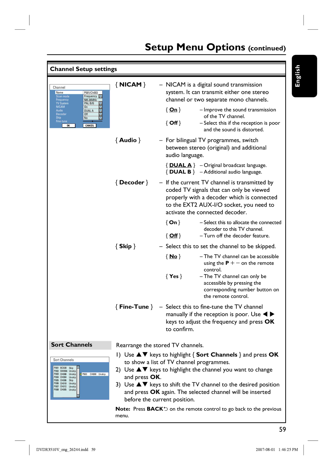 Philips DVDR3512V, DVDR3510V quick start Channel Setup settings, Skip, Sort Channels 