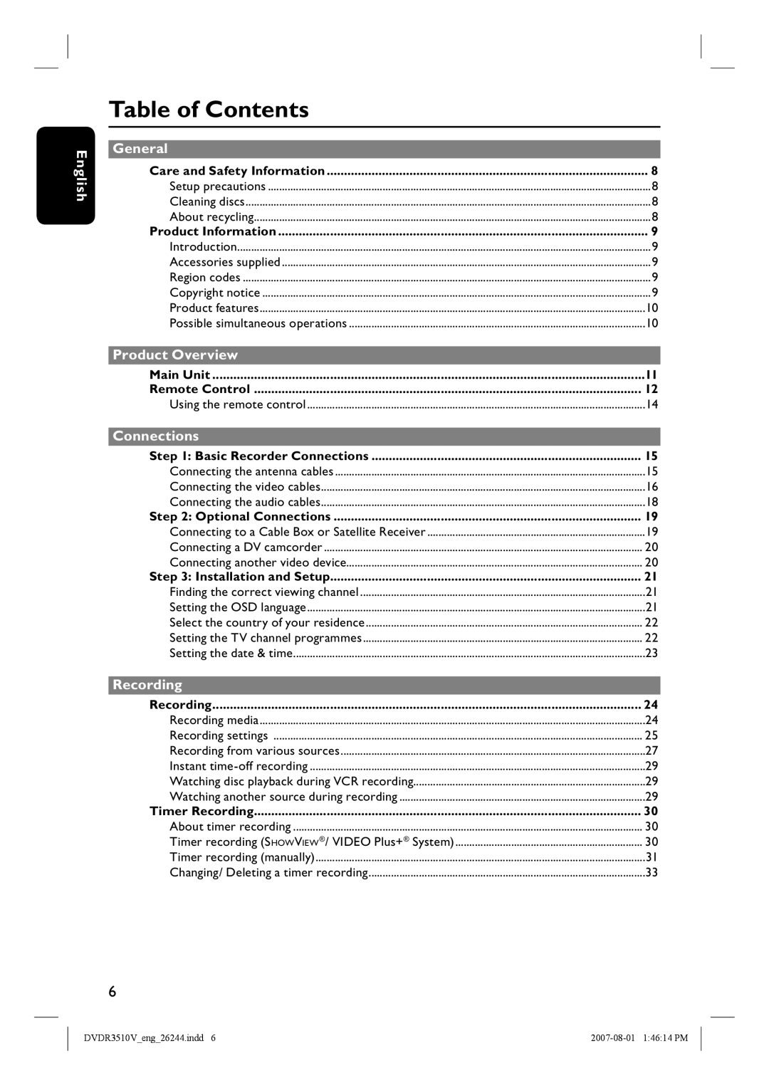 Philips DVDR3510V, DVDR3512V quick start Table of Contents 