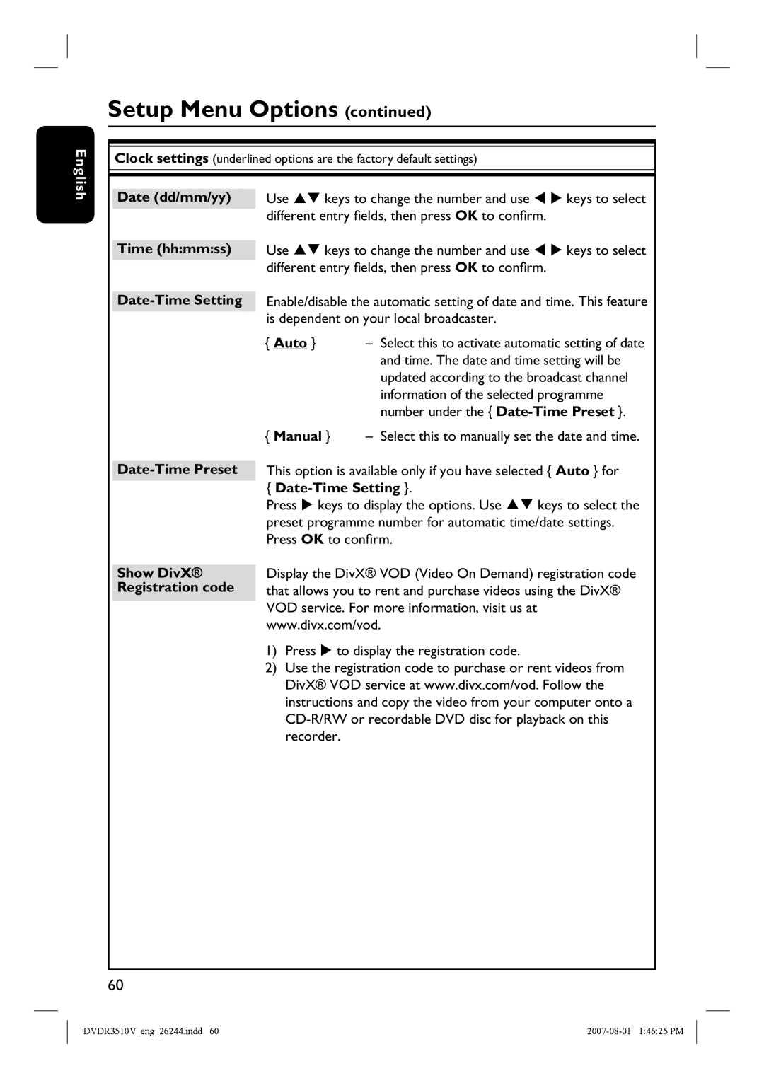 Philips DVDR3510V, DVDR3512V quick start Date dd/mm/yy Time hhmmss Date-Time Setting, Show DivX Registration code 