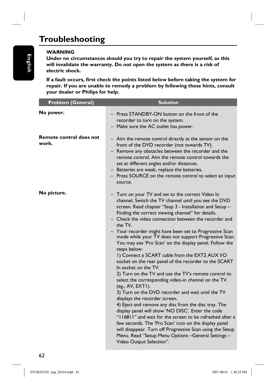 Philips DVDR3510V, DVDR3512V Troubleshooting, Problem General Solution, No power, Remote control does not work, No picture 