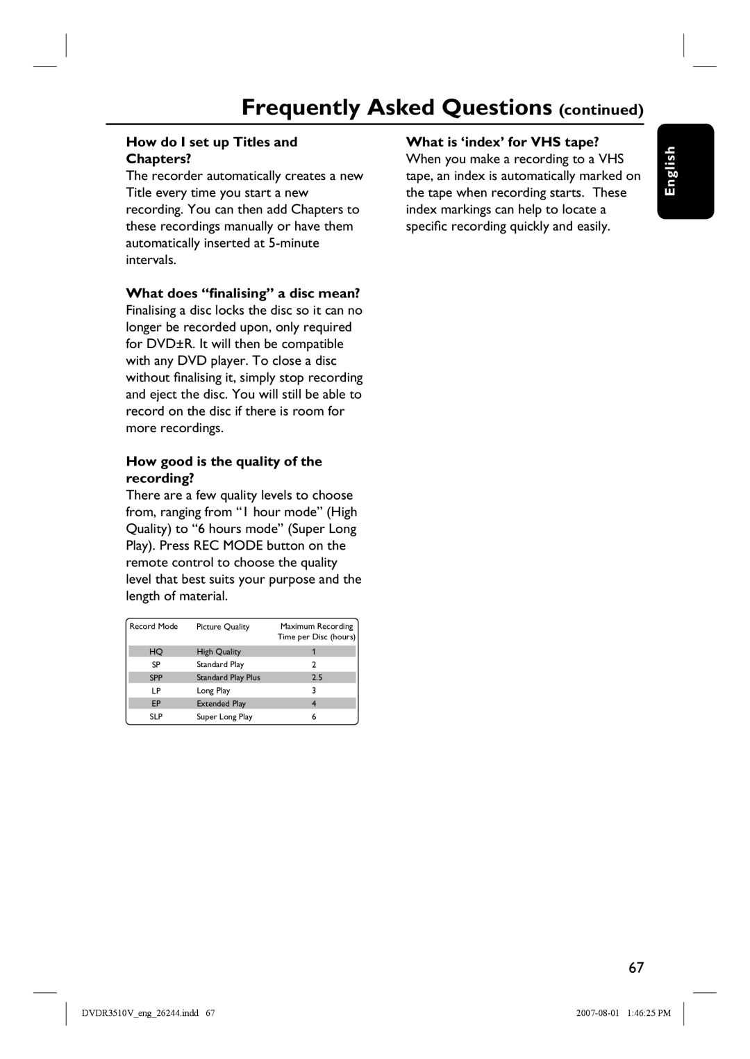 Philips DVDR3512V How do I set up Titles Chapters?, What does finalising a disc mean?, What is ‘index’ for VHS tape? 