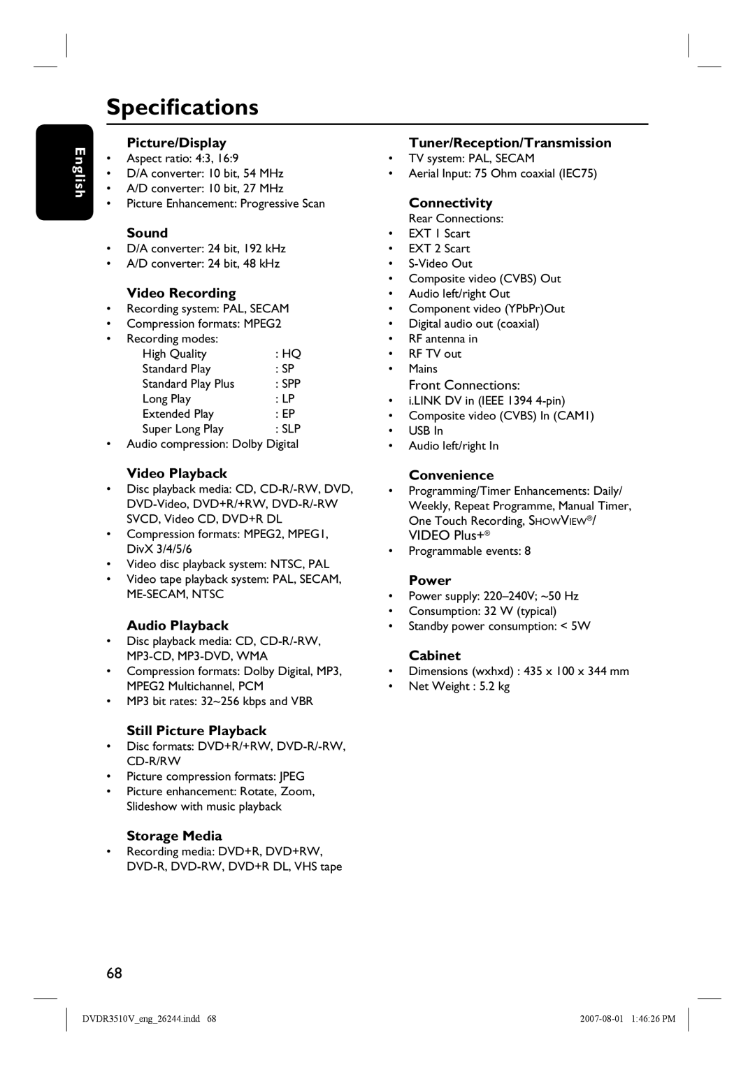 Philips DVDR3510V, DVDR3512V quick start Specifications 