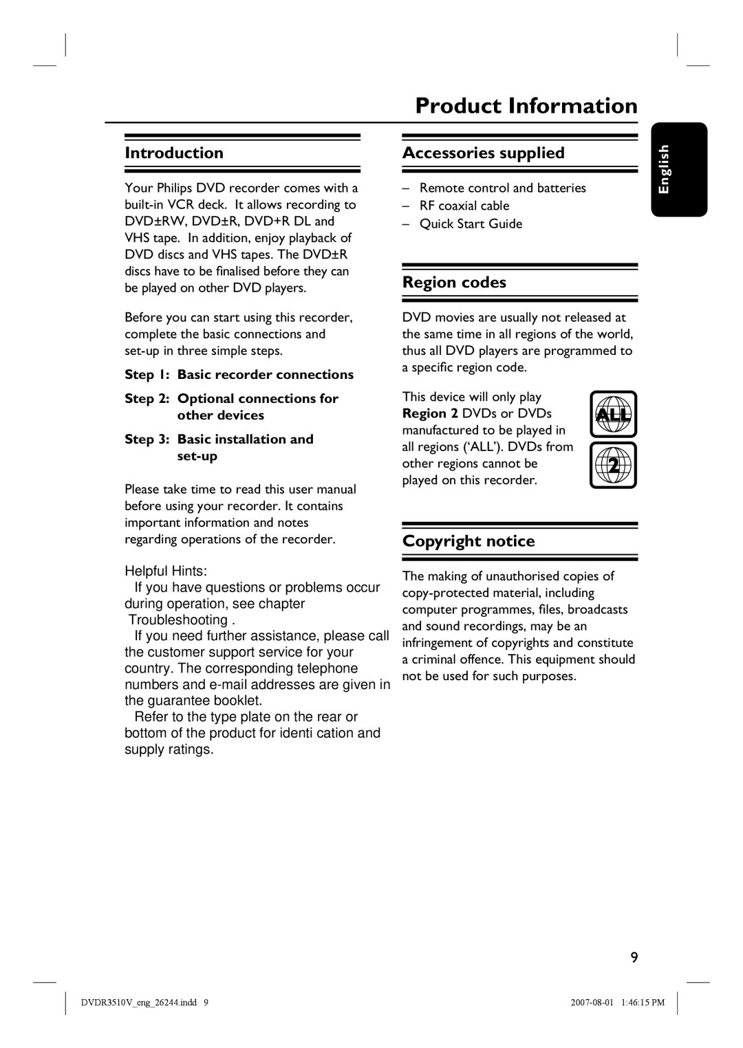 Philips DVDR3512V, DVDR3510V Product Information, Introduction, Accessories supplied, Region codes, Copyright notice 