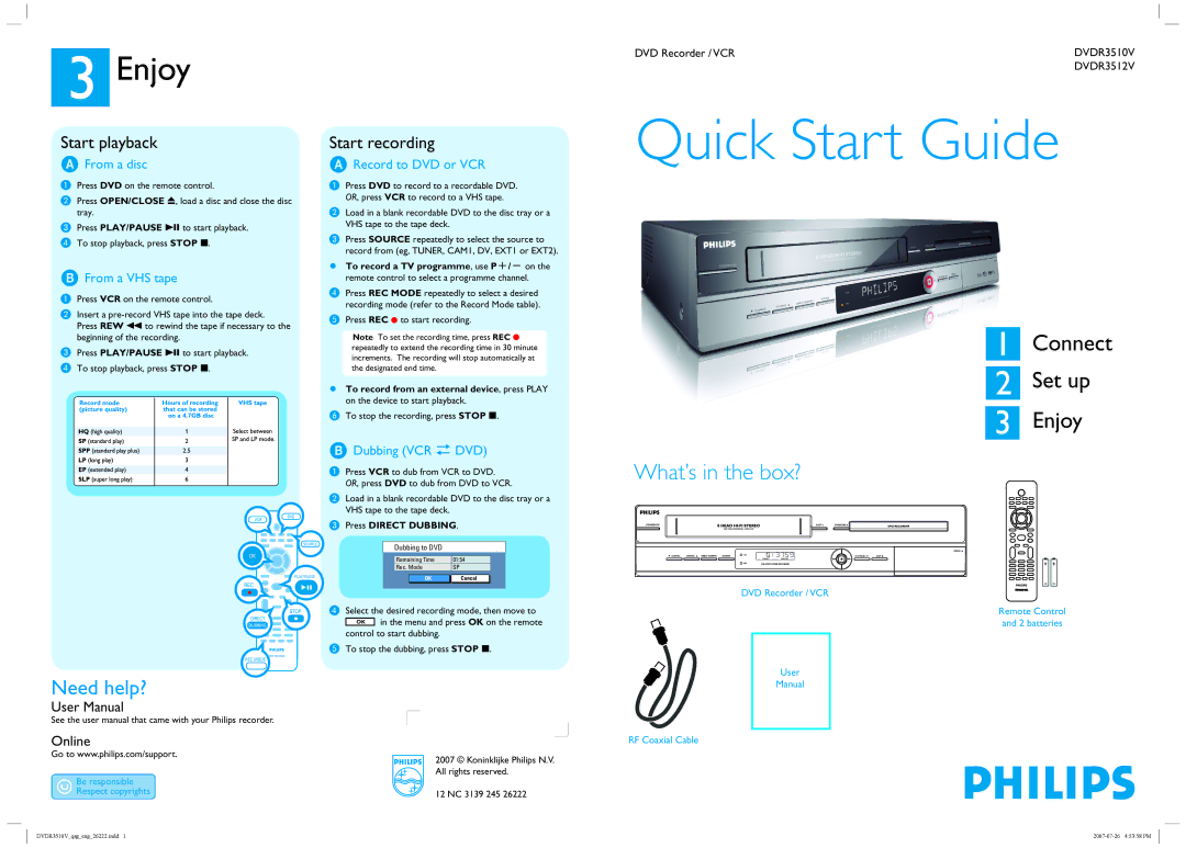 Philips DVDR3512V/12 quick start Enjoy, Start playback, Start recording 