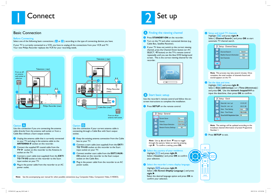 Philips DVDR3512V/12 quick start Set up, Basic Connection, Finding the viewing channel, Start basic setup 