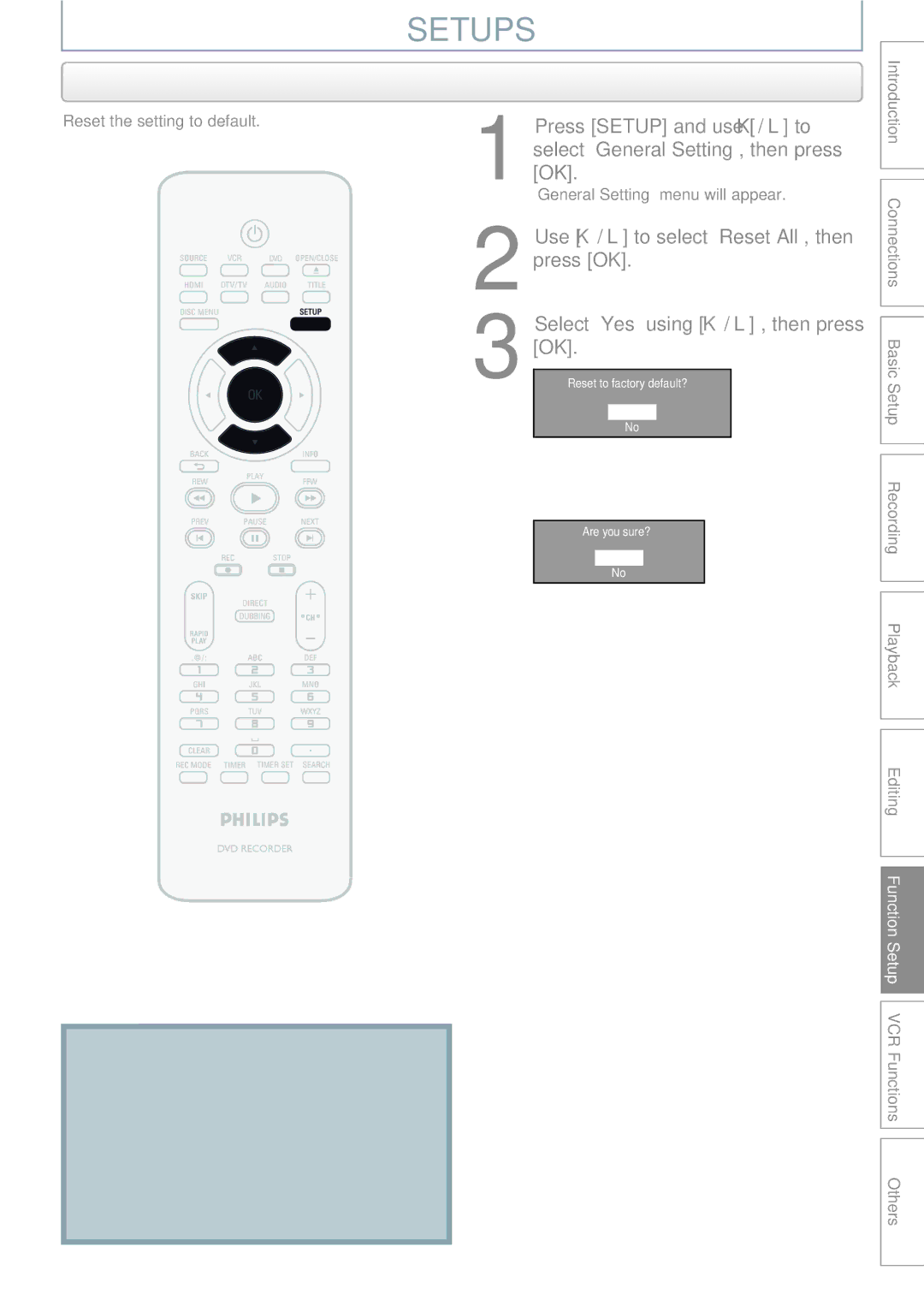 Philips DVDR3545V manual Reset All, Reset the setting to default 