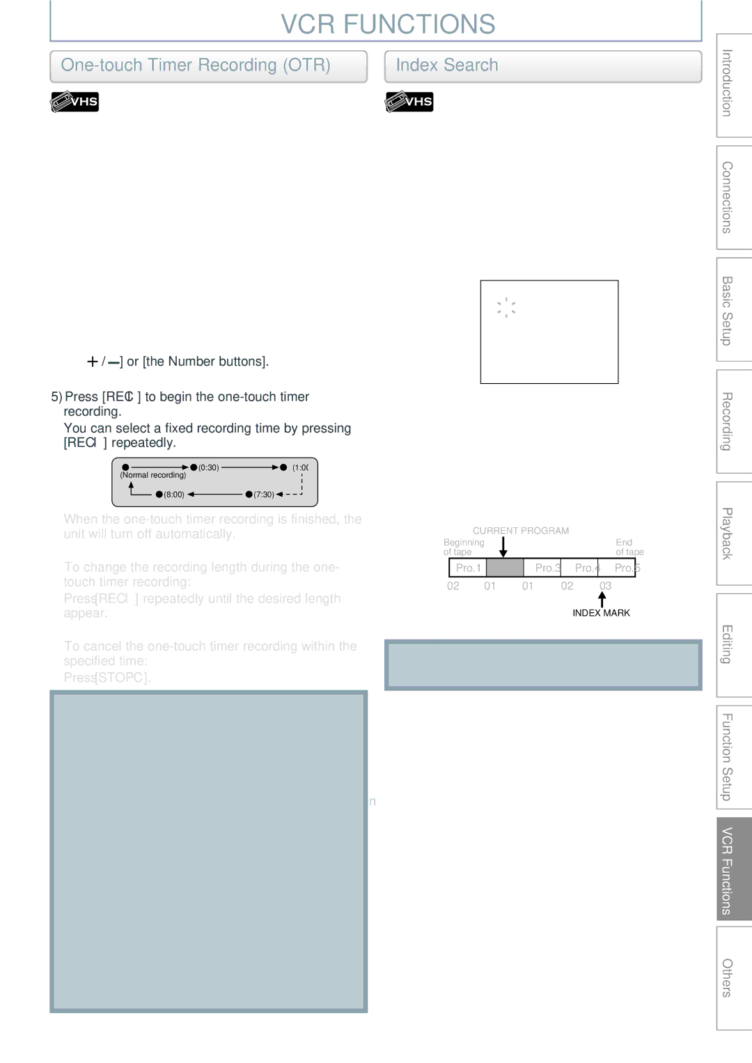 Philips DVDR3545V VCR Functions, One-touch Timer Recording OTR, Index Search, 3Press REW E, FFW D to start index search 