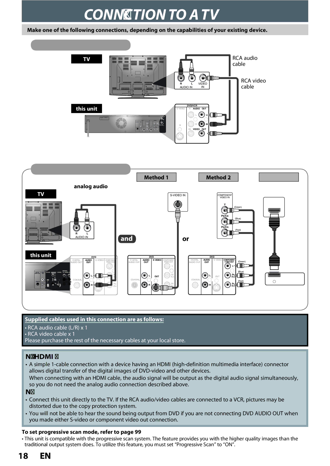 Philips DVDR3545V manual Connection to a TV, This unit, Method Analog audio, To set progressive scan mode, refer to 