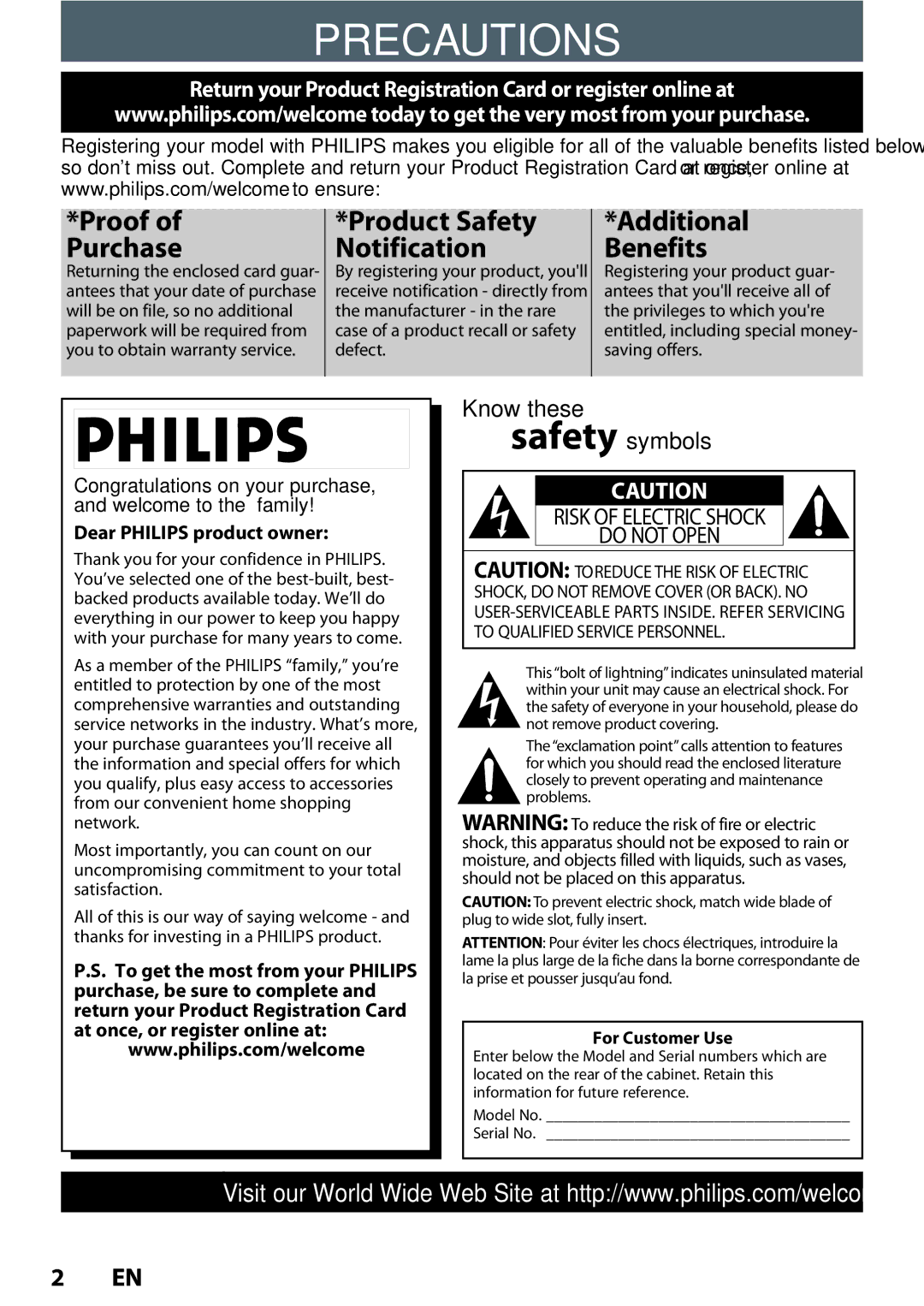 Philips DVDR3545V manual Precautions, Dear Philips product owner, For Customer Use, Antees that your date of purchase 