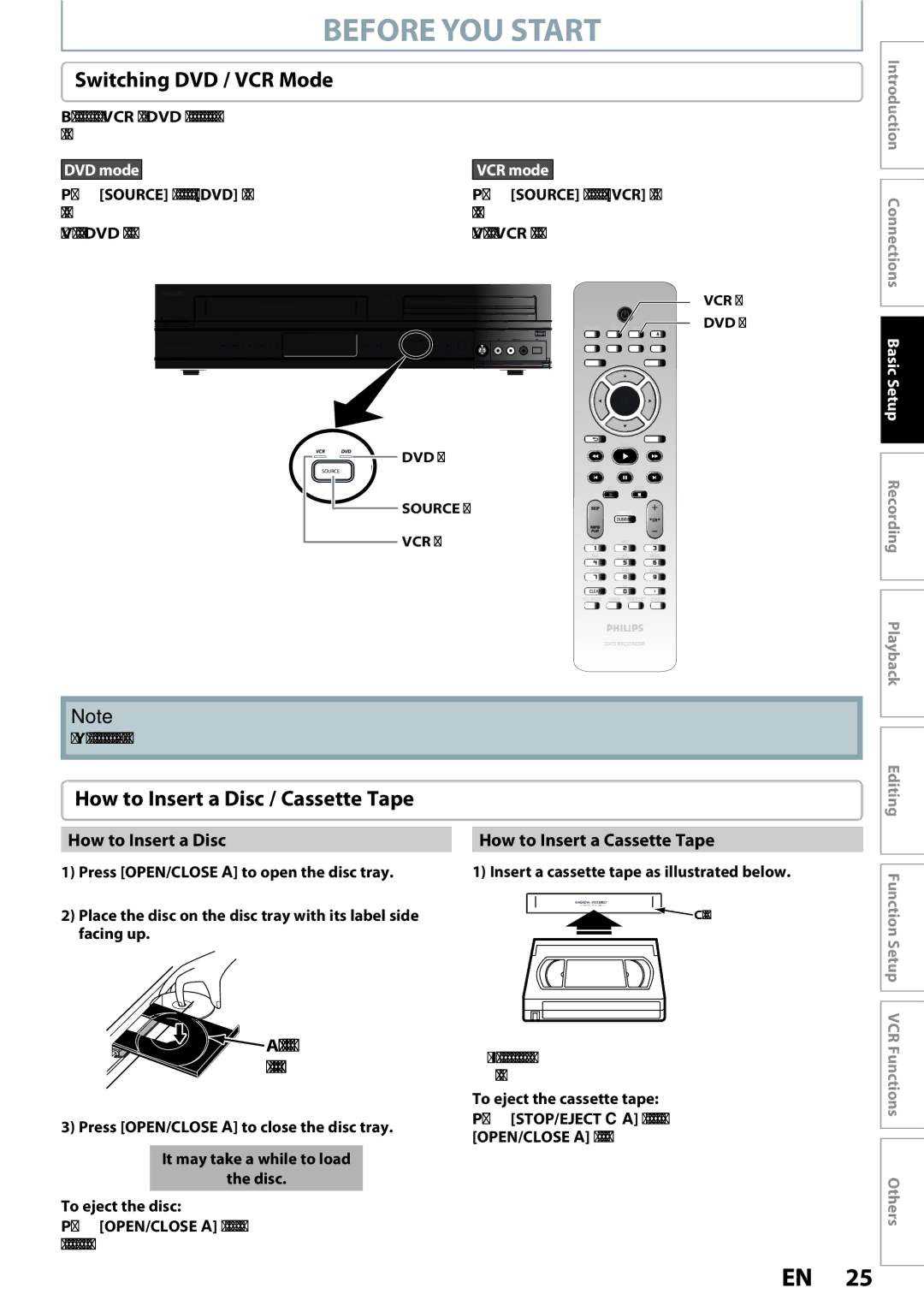 Philips DVDR3545V manual Switching DVD / VCR Mode, How to Insert a Disc / Cassette Tape, To eject the cassette tape 