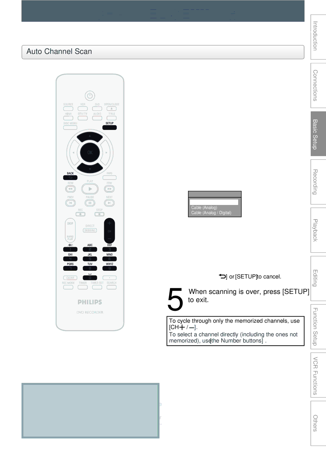 Philips DVDR3545V manual Channel Setting, Auto Channel Scan, Use K / L to select Channel, then press OK 