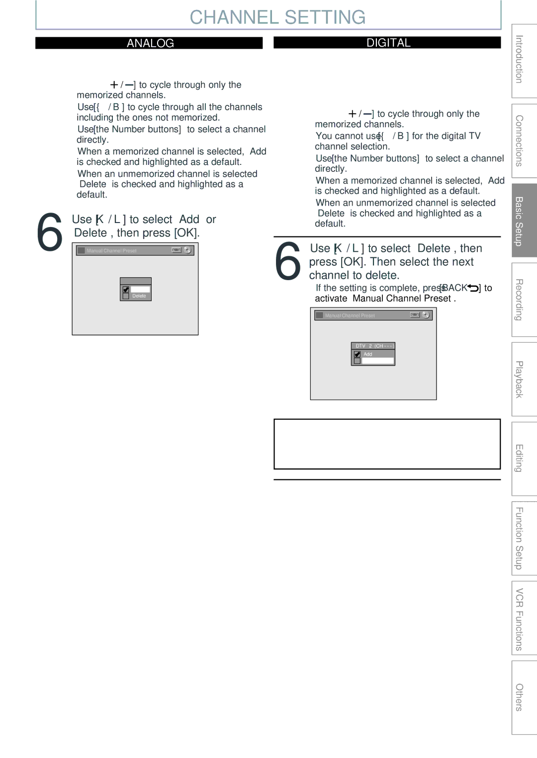 Philips DVDR3545V Select the channel number to add or delete, Press Setup to exit, Select the channel number to delete 