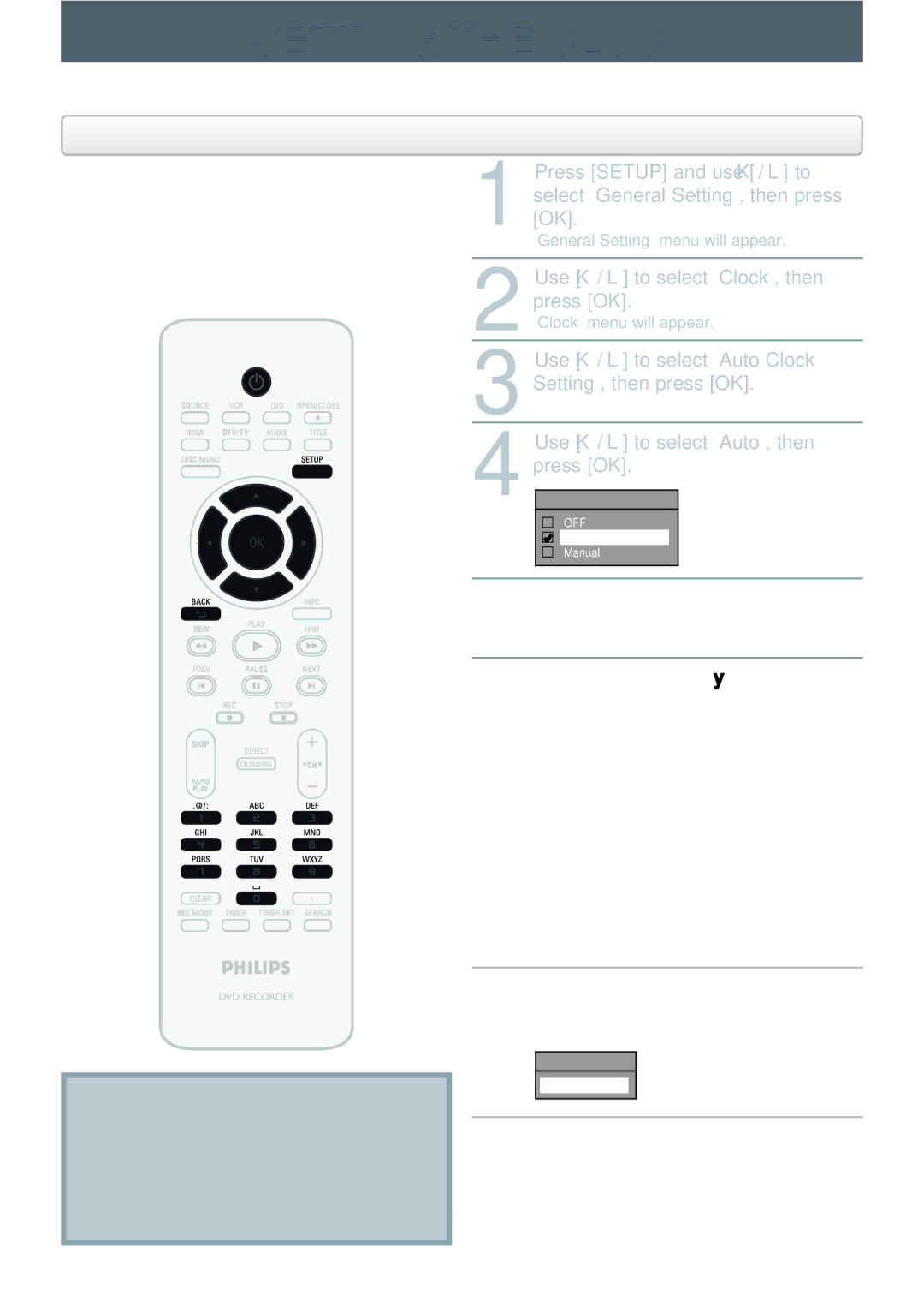 Philips DVDR3545V manual Setting the Clock, Auto Clock Setting 