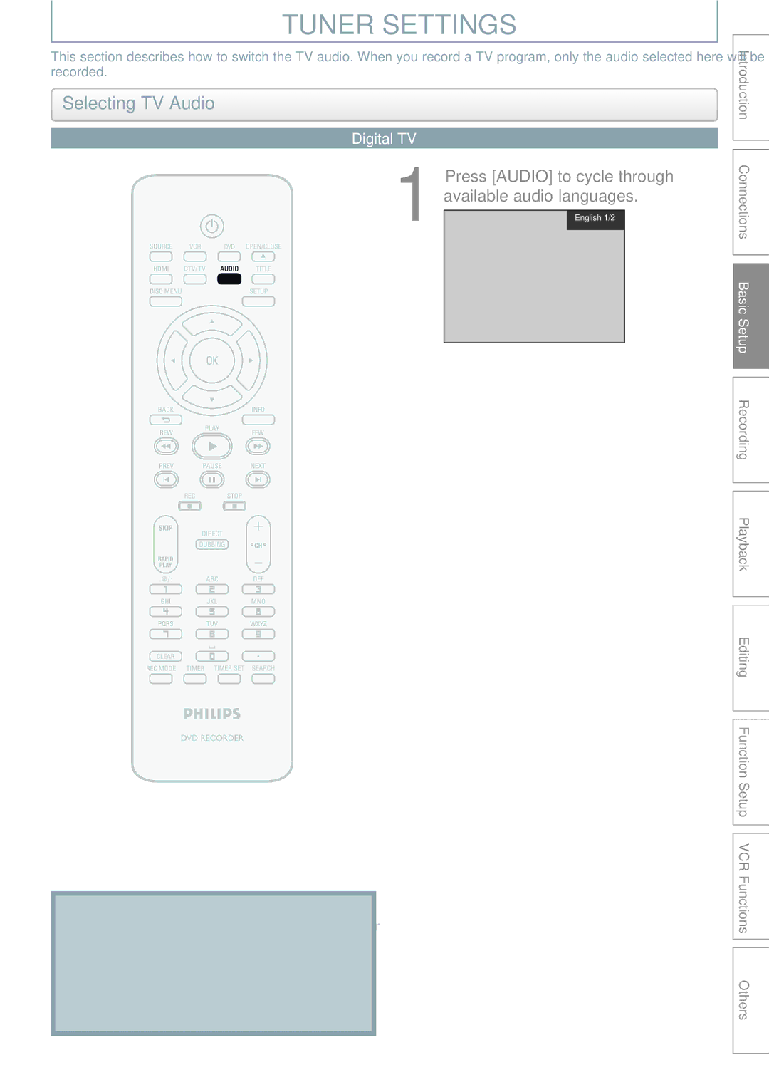 Philips DVDR3545V manual Tuner Settings, Selecting TV Audio, Press Audio to cycle through available audio languages 