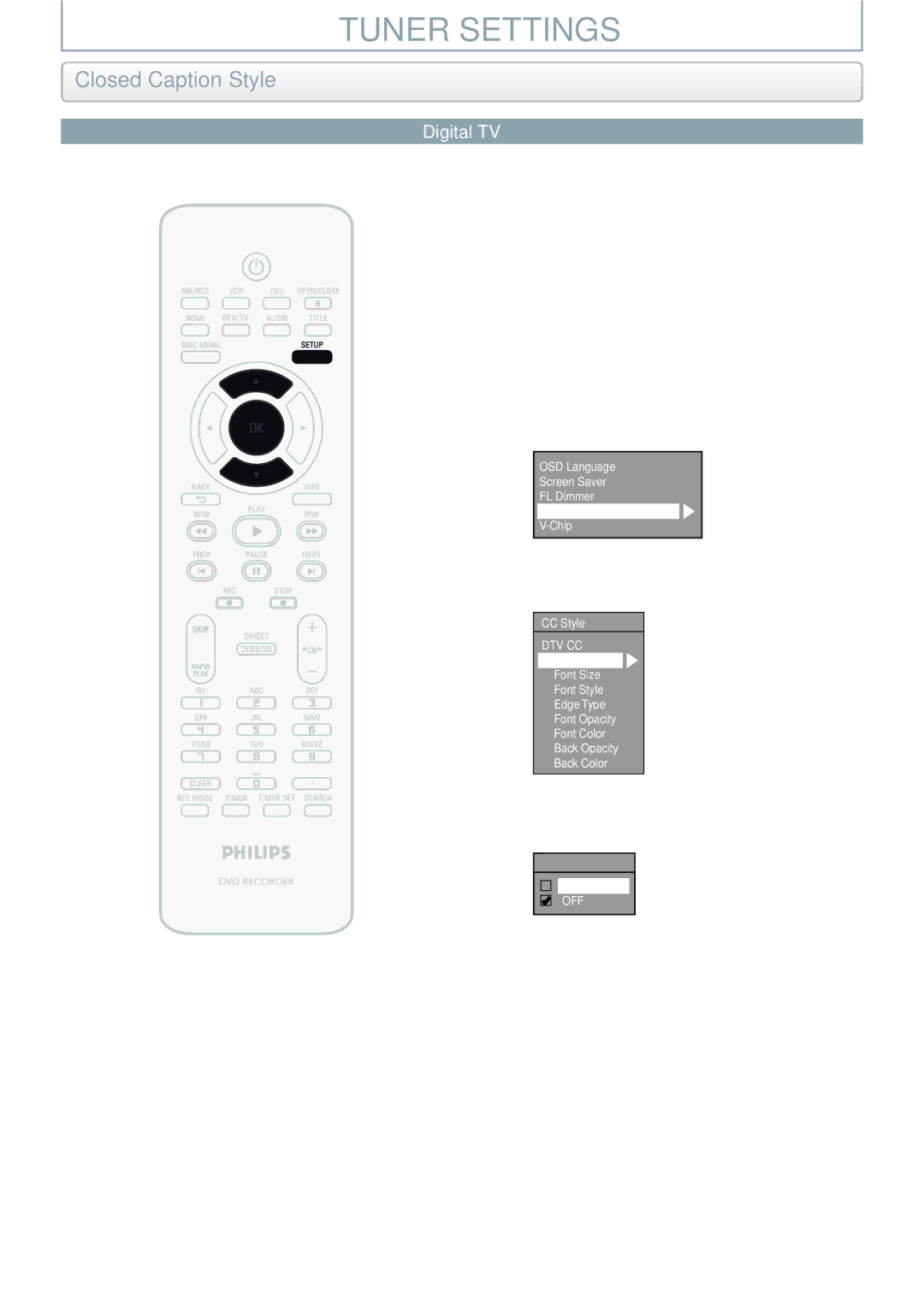 Philips DVDR3545V manual Closed Caption Style, Use K / L to select User Setting, then press OK 