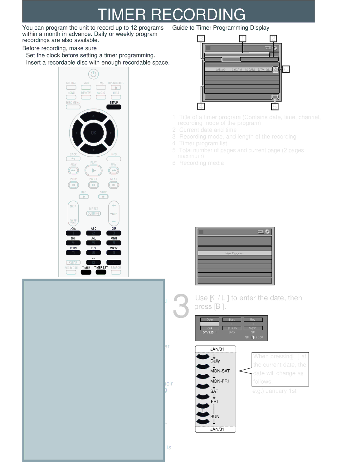 Philips DVDR3545V manual Timer Recording, Press Timer Use K / L to select New Program, then press OK 