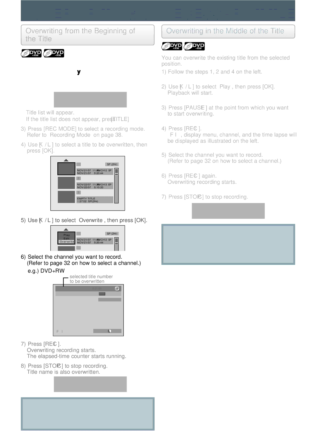 Philips DVDR3545V Overwriting Unnecessary Title, Overwriting from the Beginning, Overwriting in the Middle of the Title 