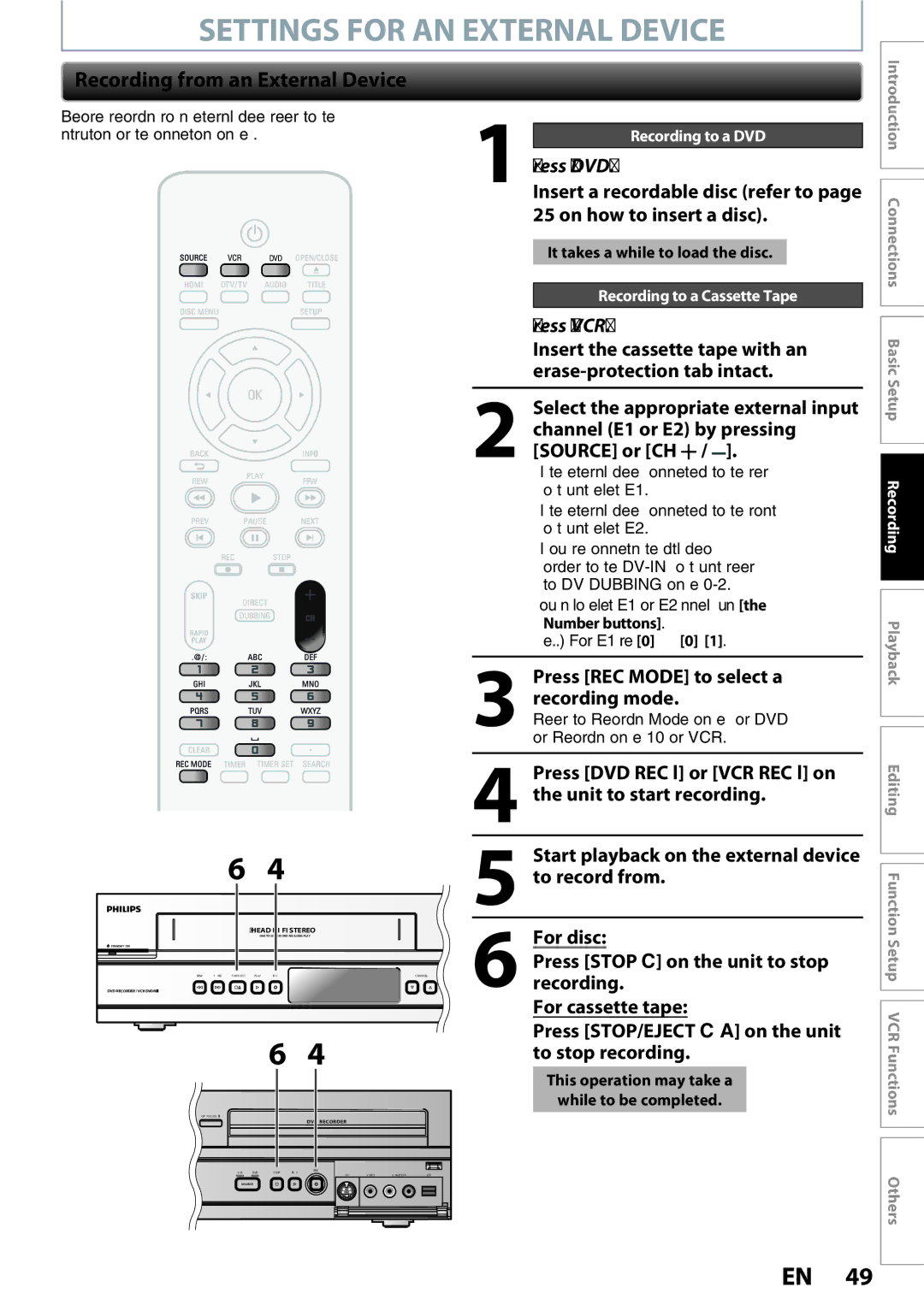 Philips DVDR3545V manual Settings for AN External Device, Recording from an External Device 