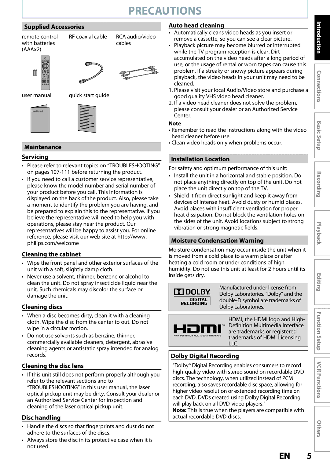 Philips DVDR3545V Supplied Accessories, Maintenance Servicing, Cleaning the cabinet, Cleaning discs, Auto head cleaning 