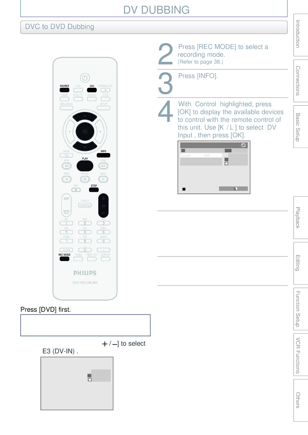 Philips DVDR3545V manual DV Dubbing, DVC to DVD Dubbing 