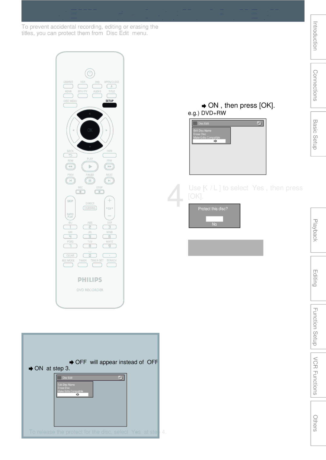 Philips DVDR3545V manual Setting a Disc to Protect, Use K / L to select Yes, then press OK, To cancel the disc protect 