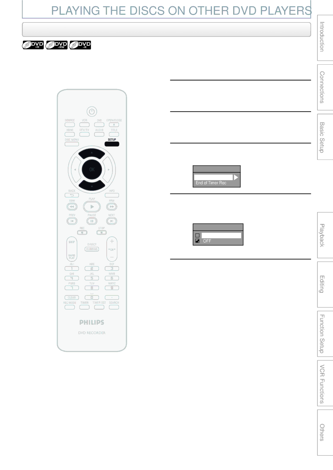 Philips DVDR3545V manual Playing the Discs on Other DVD Players, Auto Finalizing 