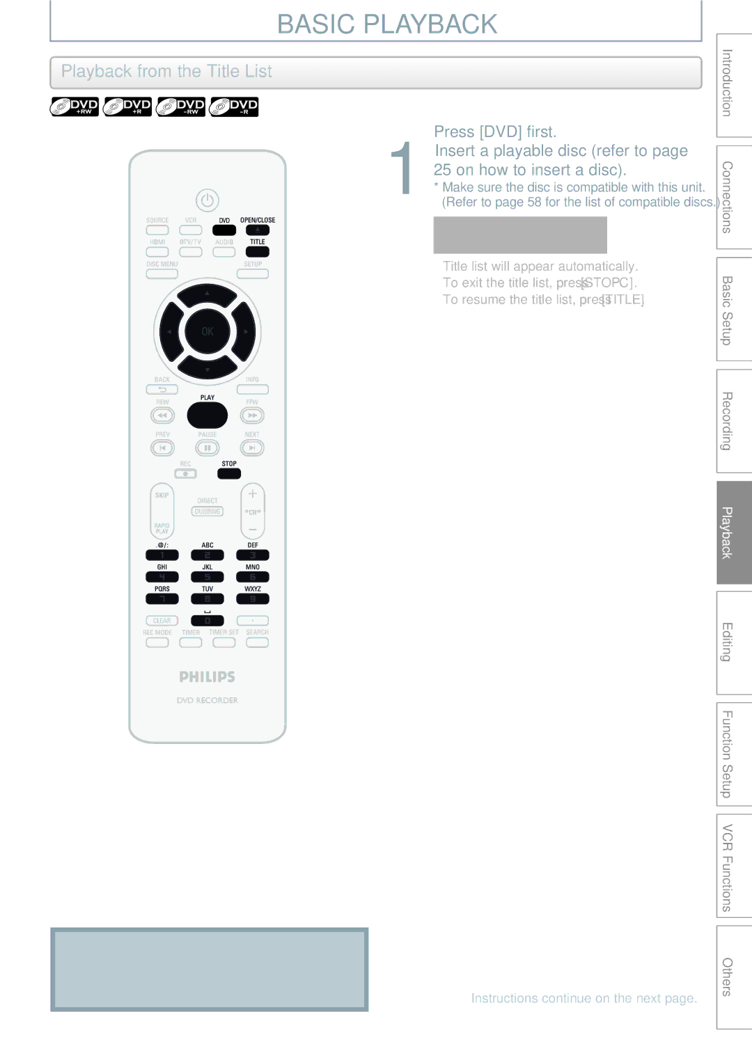 Philips DVDR3545V manual Basic Playback, Playback from the Title List 