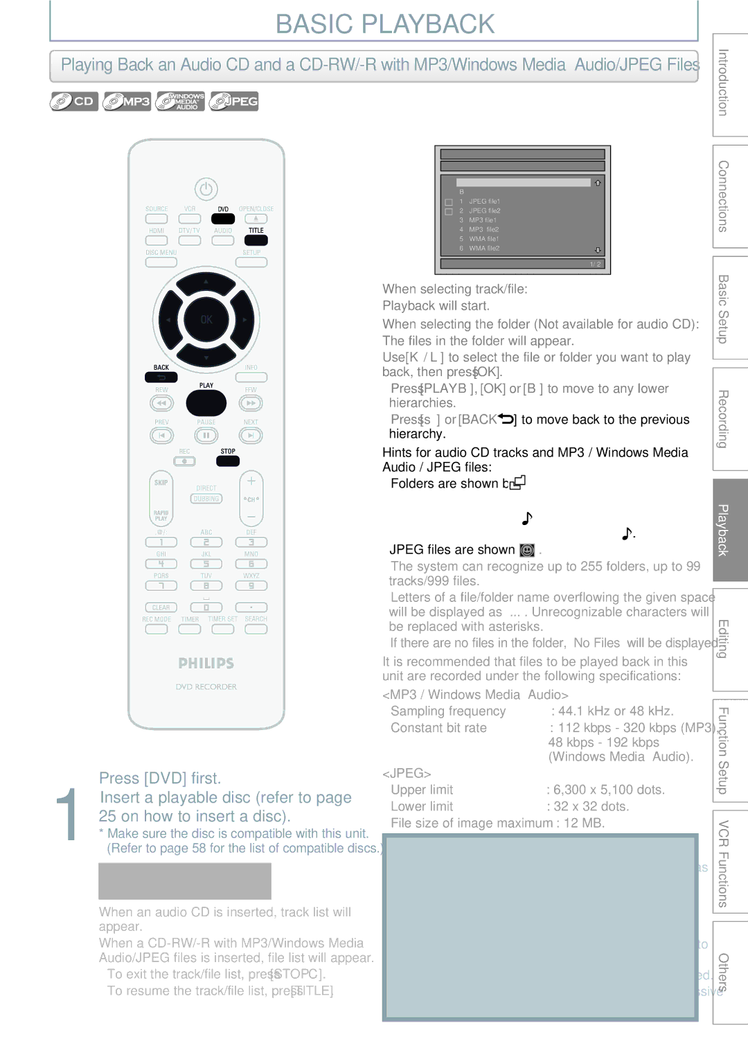 Philips DVDR3545V manual When selecting track/file, When selecting the folder Not available for audio CD 