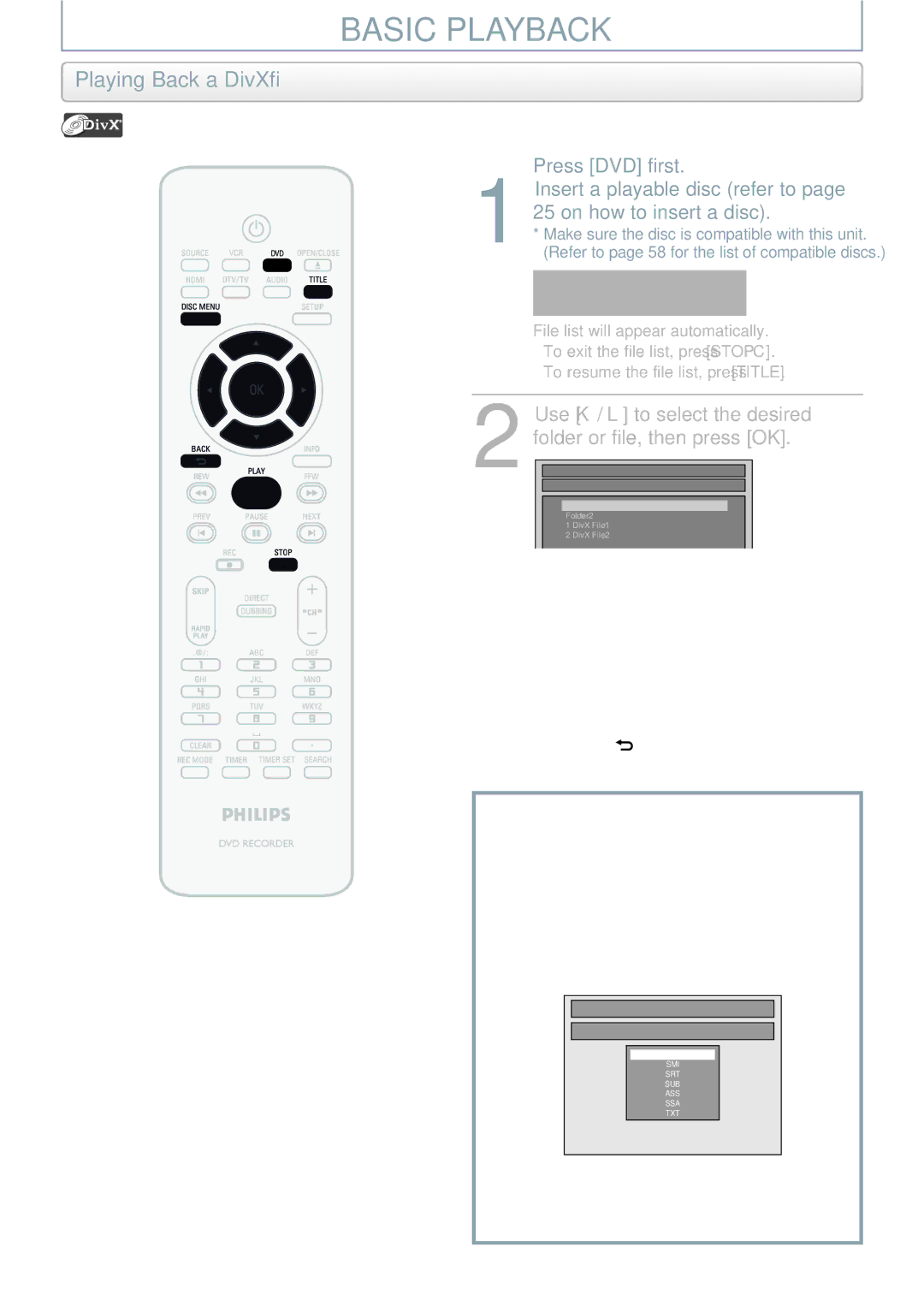 Philips DVDR3545V manual Playing Back a DivX, When selecting file, When selecting folder 