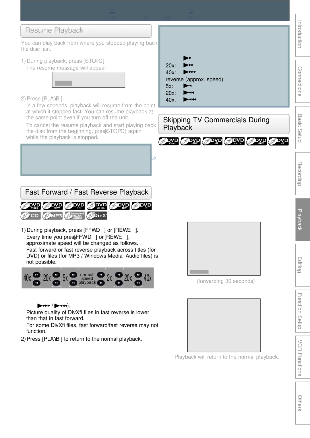 Philips DVDR3545V manual Special Playback, Resume Playback, Fast Forward / Fast Reverse Playback 