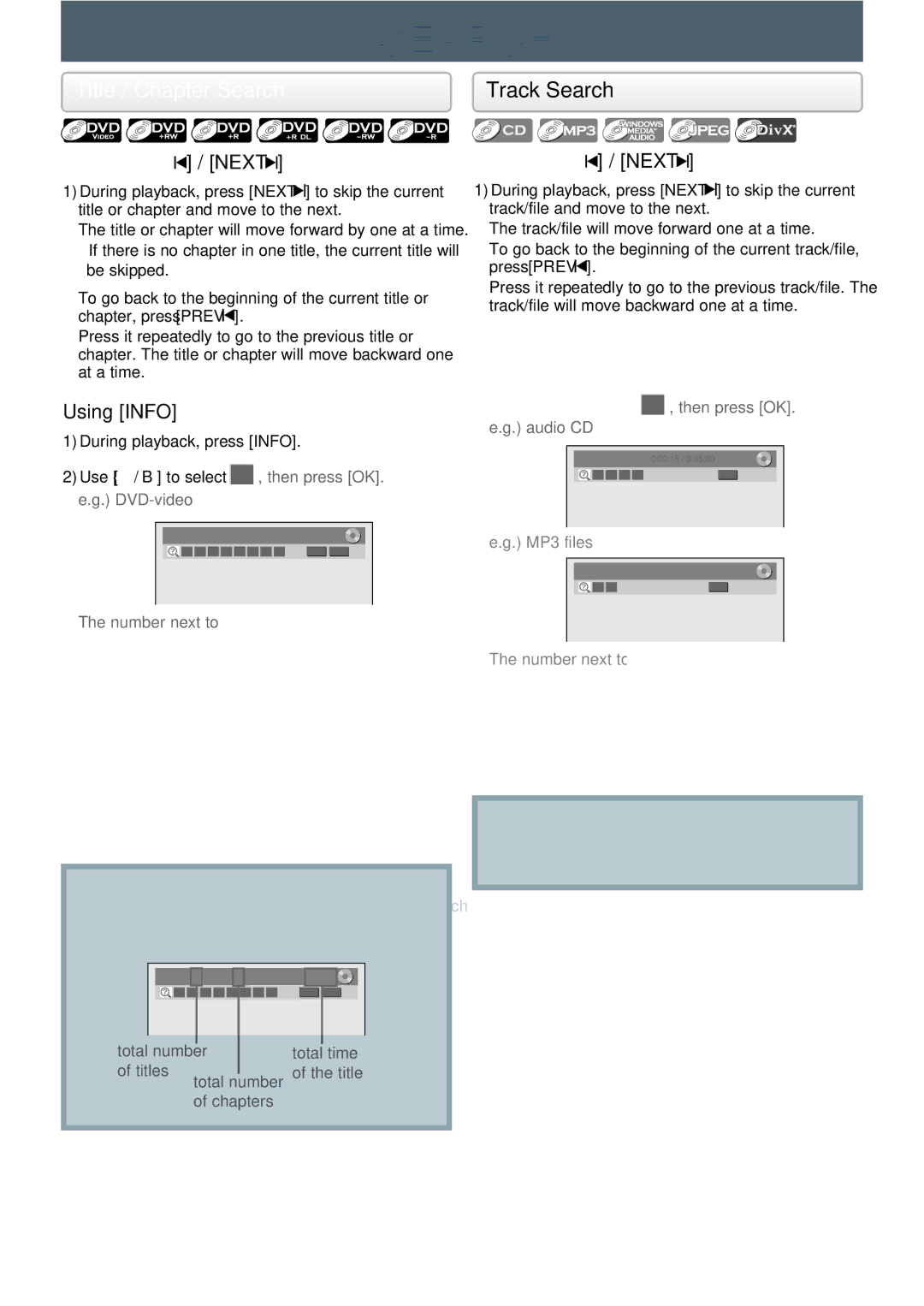 Philips DVDR3545V manual Title / Chapter Search, Using Prev / Next, Using Info 