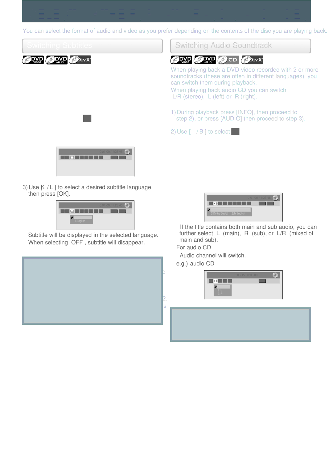 Philips DVDR3545V manual Switching Subtitles, Switching Audio Soundtrack 