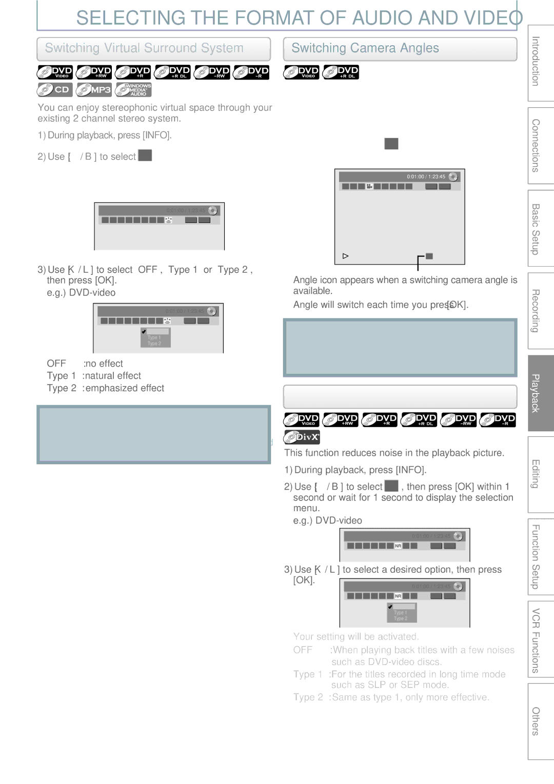 Philips DVDR3545V manual Selecting the Format of Audio and Video, Switching Virtual Surround System, Reducing Block Noise 