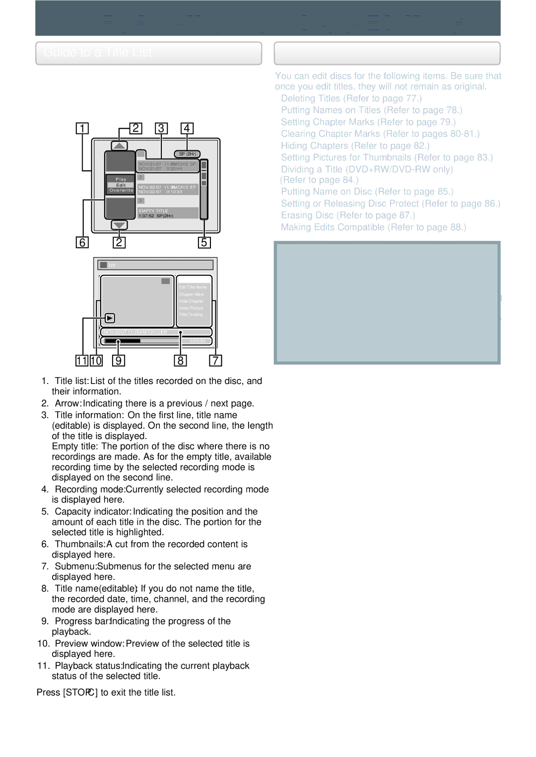 Philips DVDR3545V manual Information on Disc Editing, Guide to a Title List, Editing Discs, Press DVD, then press Title 