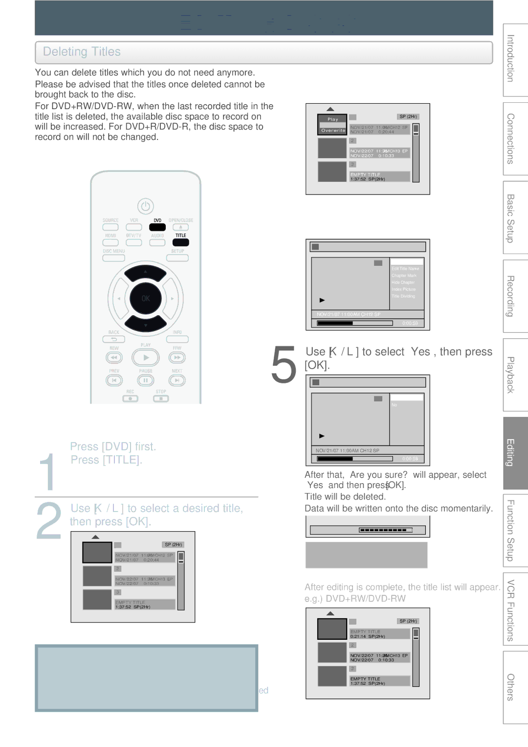 Philips DVDR3545V manual Editing Discs, Deleting Titles, Press DVD first Press Title 