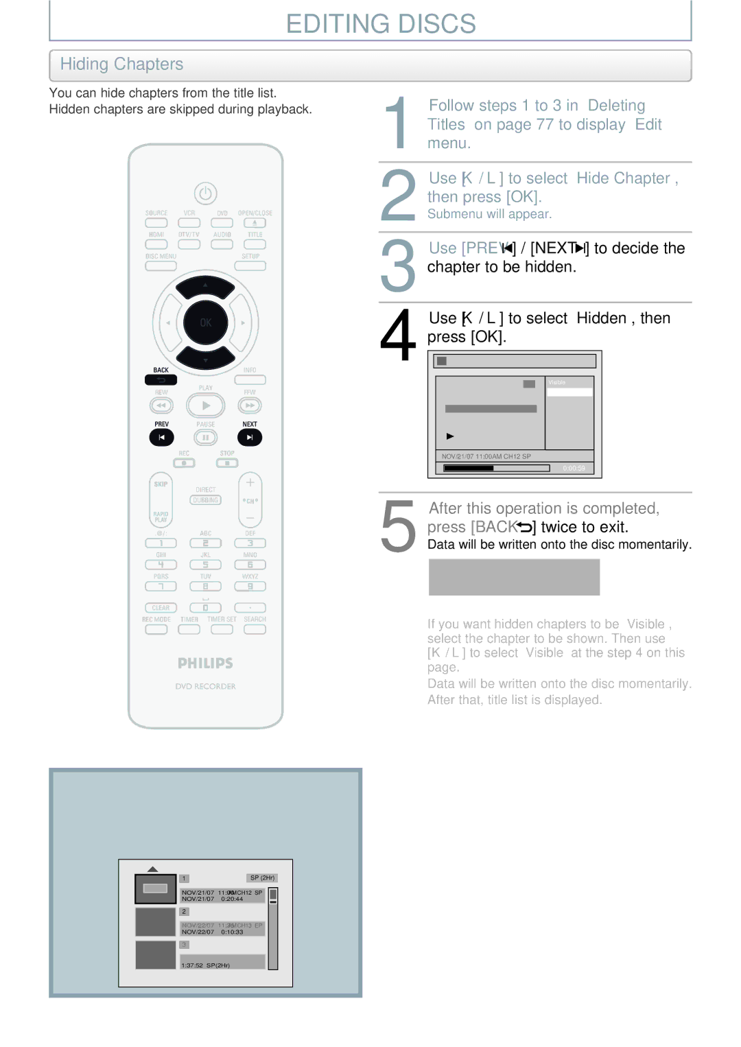 Philips DVDR3545V manual Hiding Chapters, After this operation is completed, press Back twice to exit 