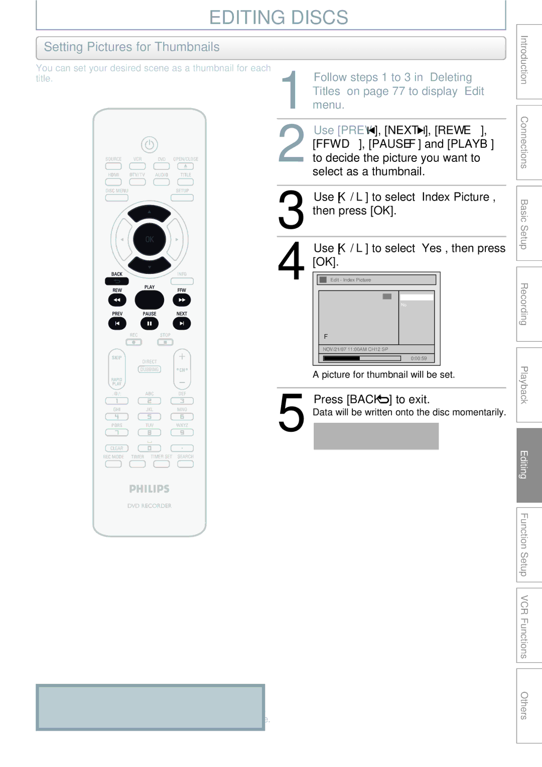 Philips DVDR3545V manual Setting Pictures for Thumbnails, You can set your desired scene as a thumbnail for each title 