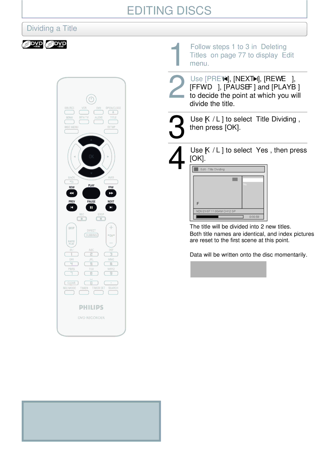 Philips DVDR3545V manual Dividing a Title 