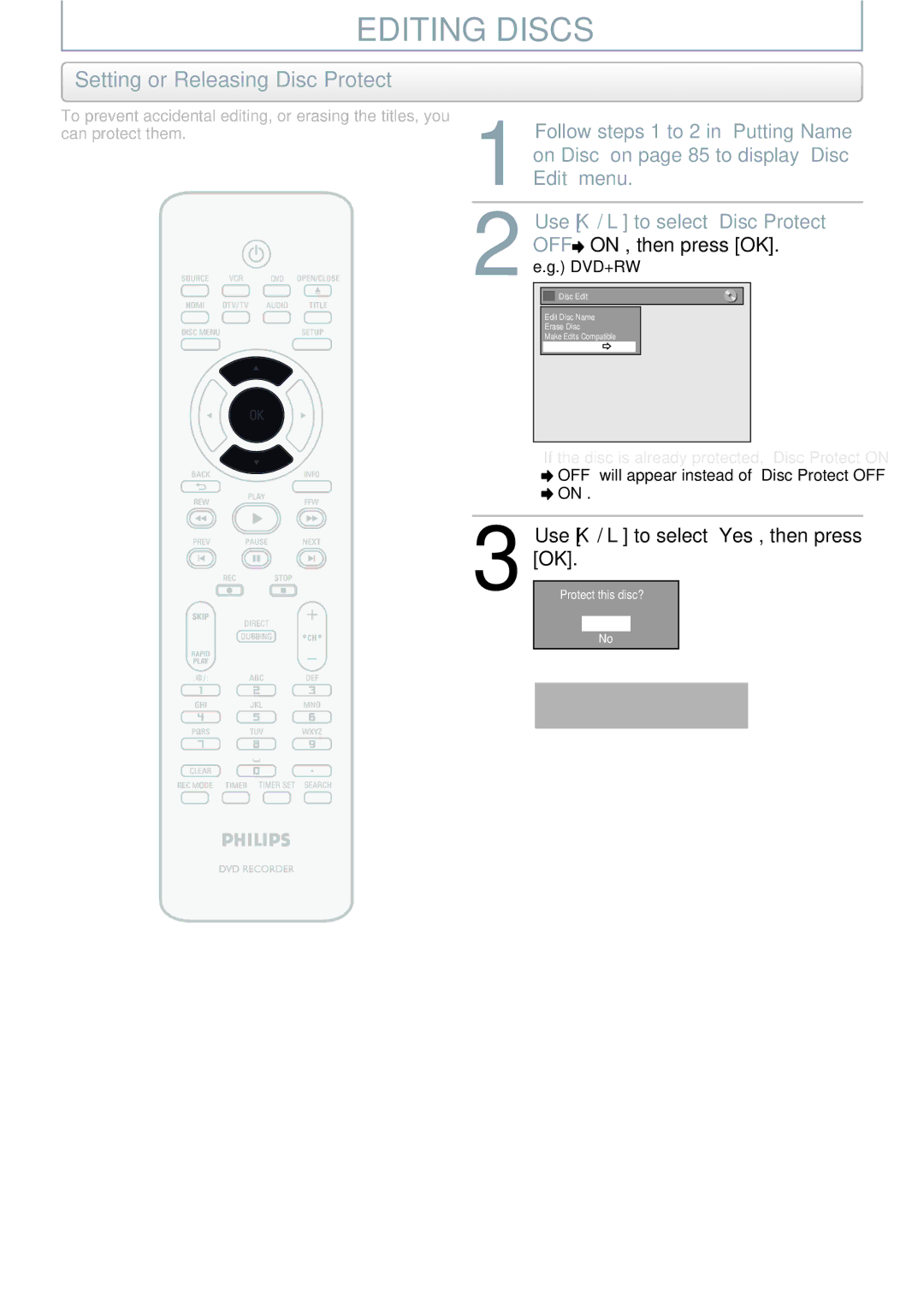 Philips DVDR3545V manual Setting or Releasing Disc Protect, OFF ON, then press OK. e.g. DVD+RW 