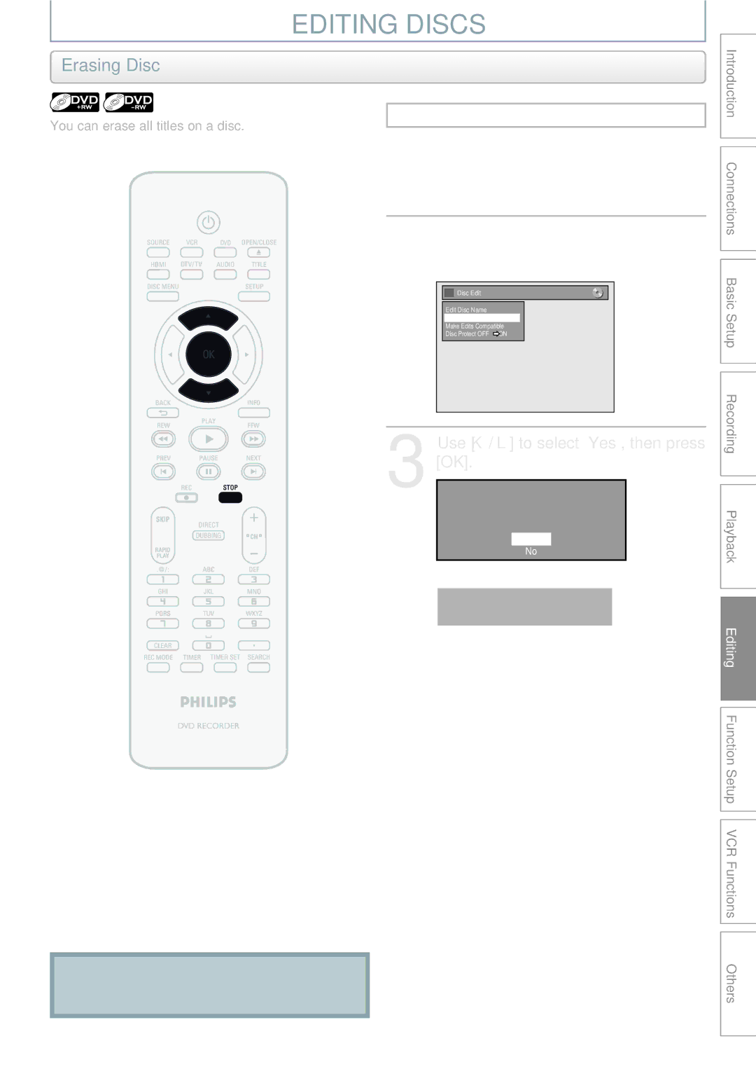 Philips DVDR3545V manual Erasing Disc, Dvd+Rw 