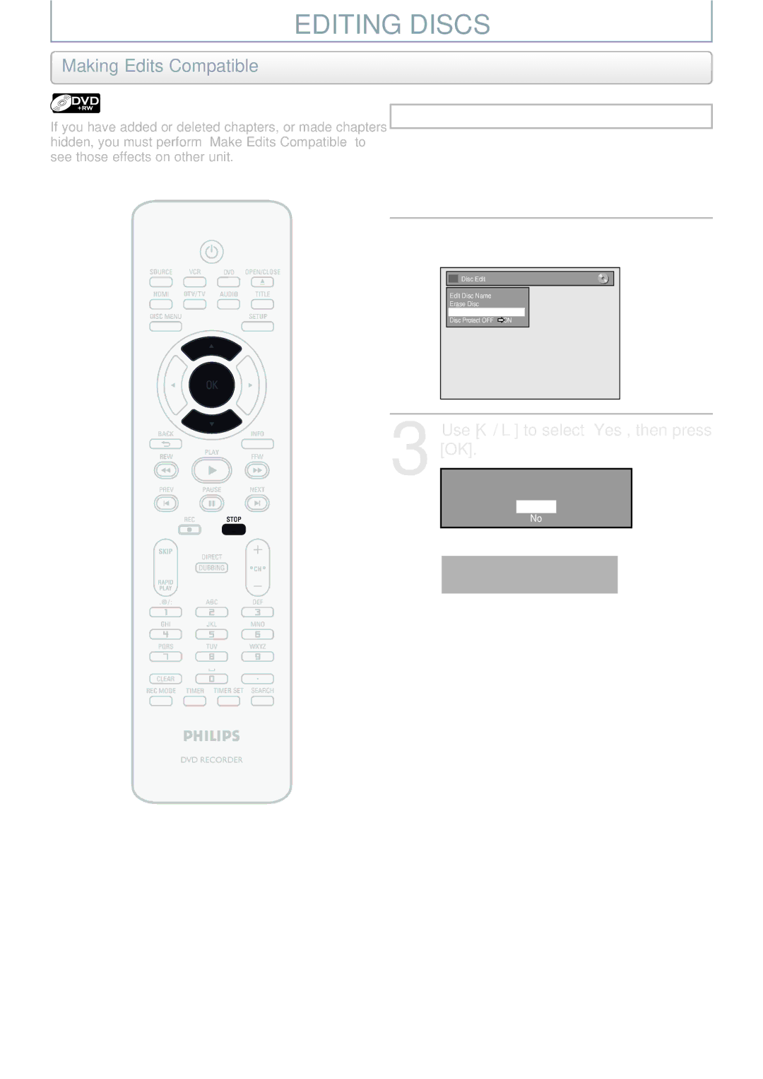 Philips DVDR3545V manual Making Edits Compatible 