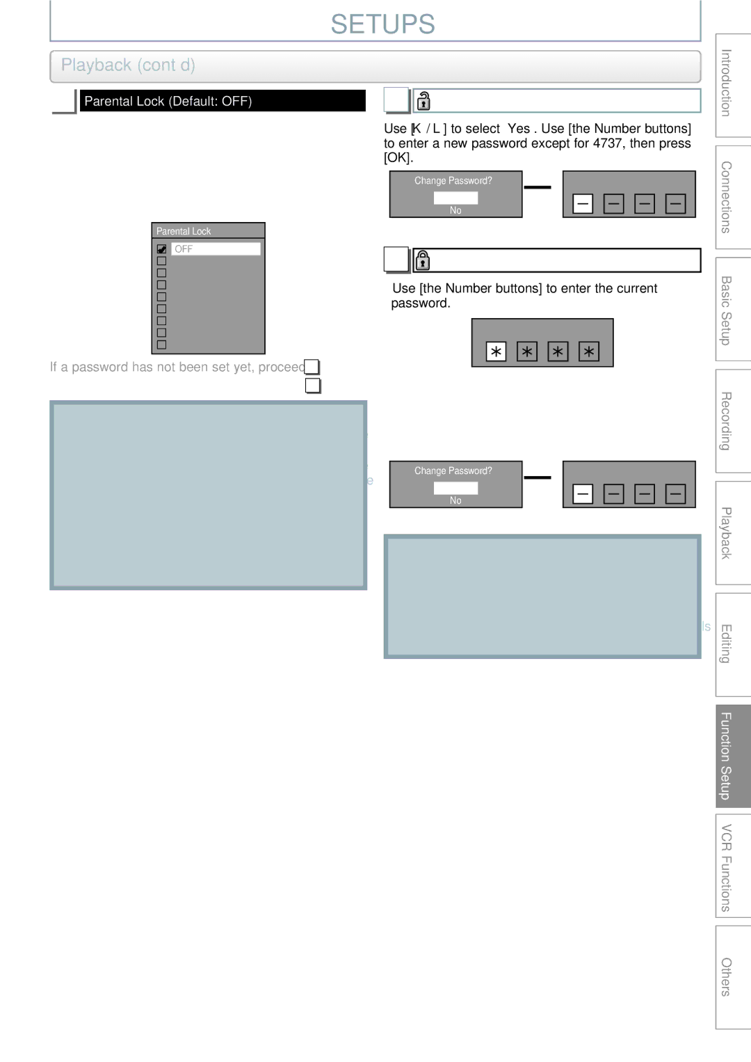 Philips DVDR3545V manual Setups, Playback cont’d, Yes, Parental Lock Default OFF 