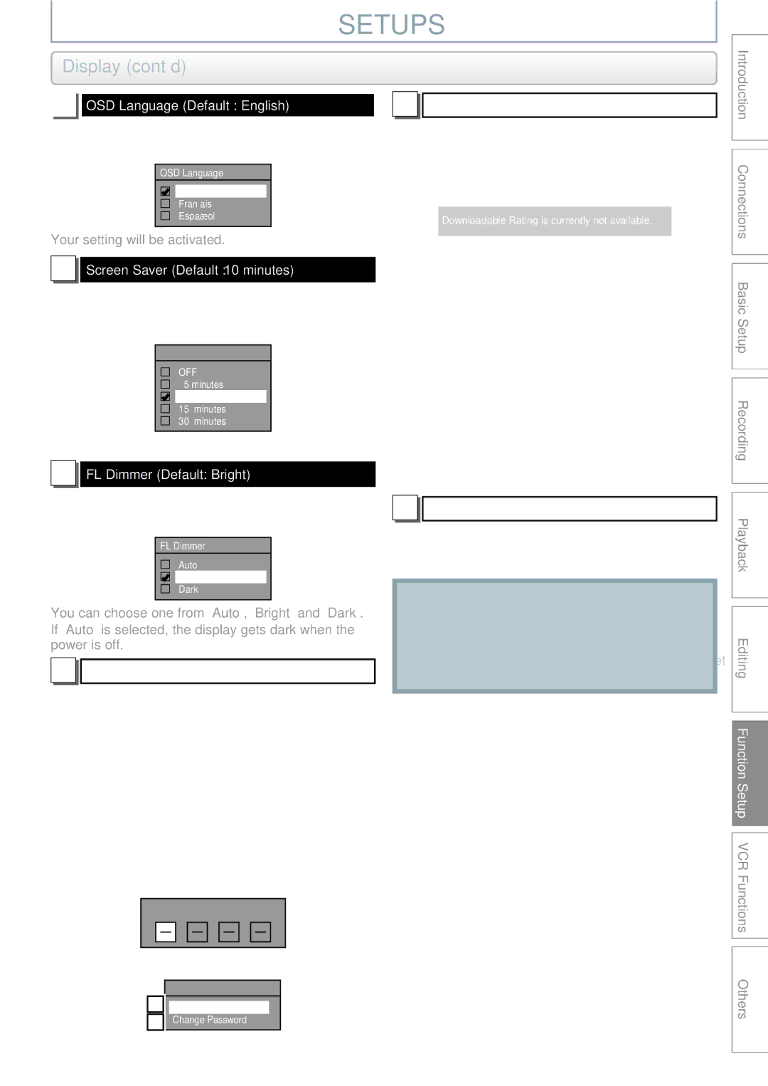 Philips DVDR3545V Display cont’d, OSD Language Default English, Screen Saver Default 10 minutes, FL Dimmer Default Bright 