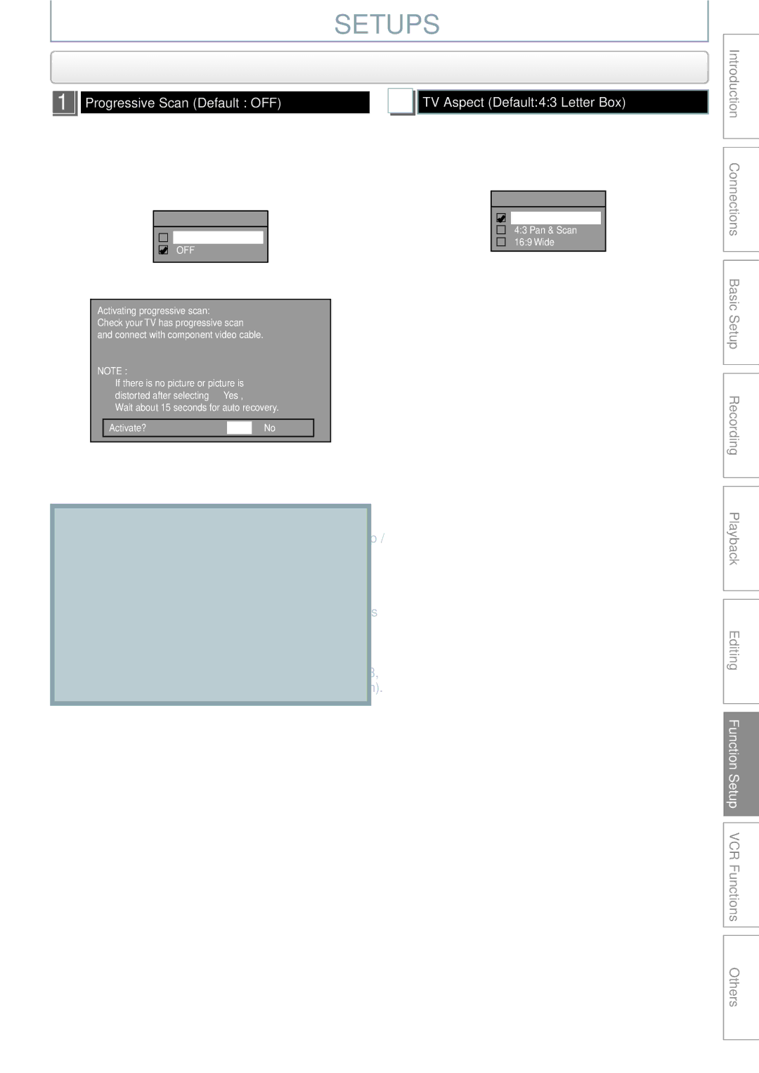 Philips DVDR3545V manual Video cont’d, Progressive Scan Default OFF, TV Aspect Default 43 Letter Box 