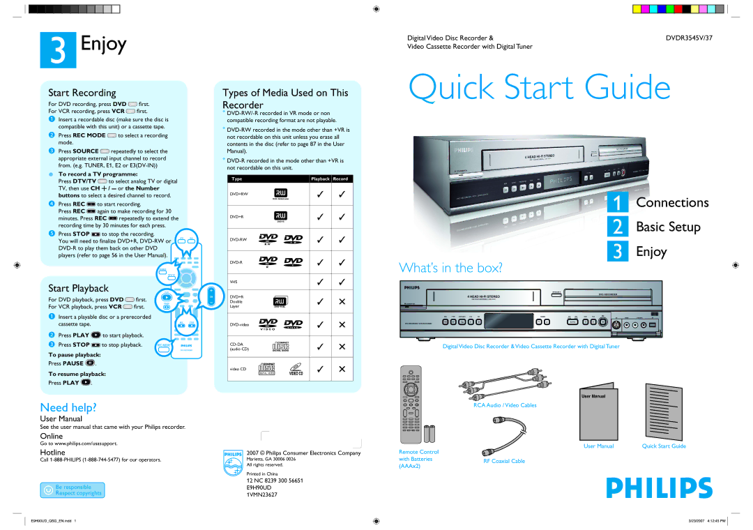 Philips DVDR3545V/37 user manual Start Recording, Start Playback, Types of Media Used on This Recorder 