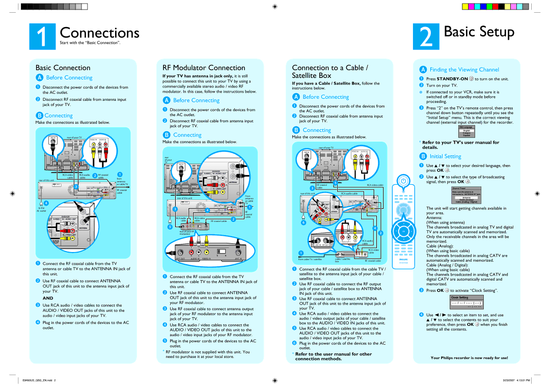 Philips DVDR3545V/37 user manual Basic Connection, RF Modulator Connection, Connection to a Cable / Satellite Box 