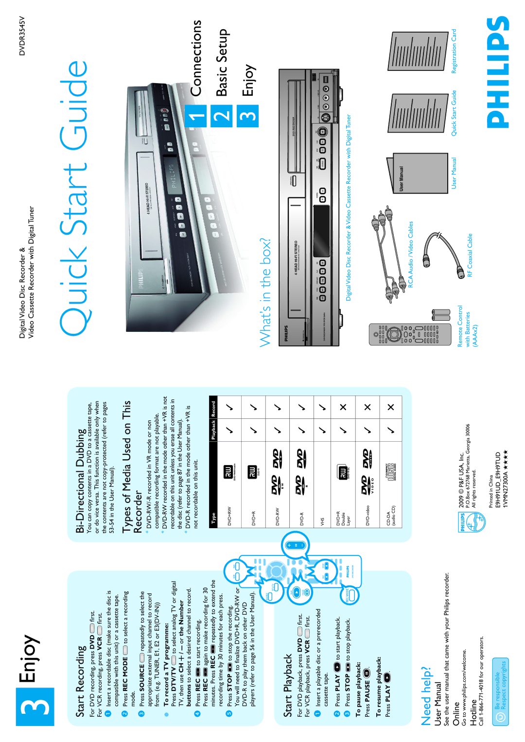 Philips DVDR3545V/F7 user manual Start Recording, Bi-Directional Dubbing Types of Media Used on This Recorder 